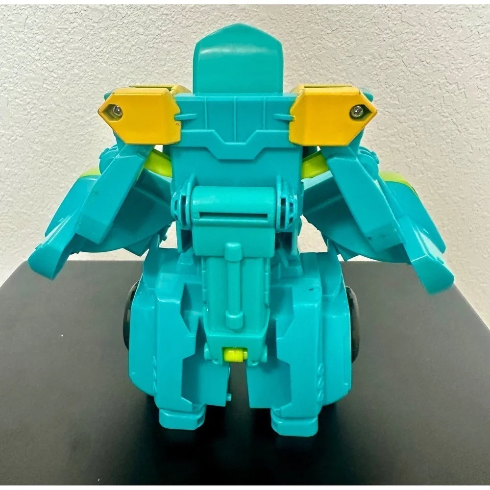 Transforming Robot Tow Truck Action Figure Teal Yellow Kids Toy Pull Cord